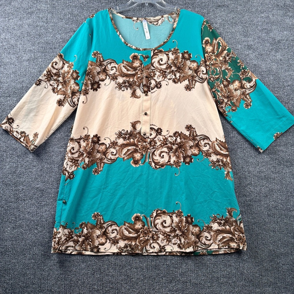 B&Y Women Teal Floral Paisley Scroll Tunic Top Stud Buttons Size 48 (US 16/18) - Picture 2 of 11